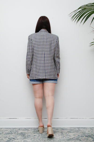 Vintage Gingham Cotton Blazer – Double Breasted, Oversized Fit, Fitted Shoulders, Linen