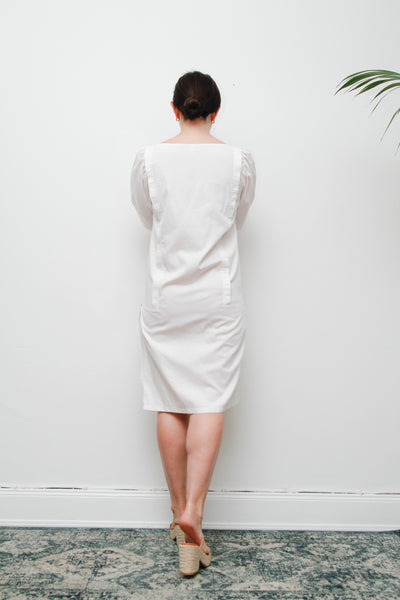 1980s Vintage Sunset Palm Tree Dress | Ibiza Summer Style – Embossed Cotton Party Dress with Zip Slit