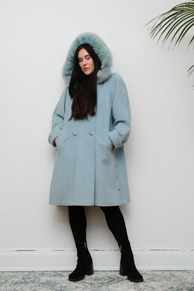 1980's Ice Blue Fox Fur Swing Wool Coat