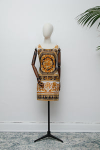 Vintage “Old Money” Gold Baroque Shift Dress – Versace-Inspired, Navy & White, Summer Style