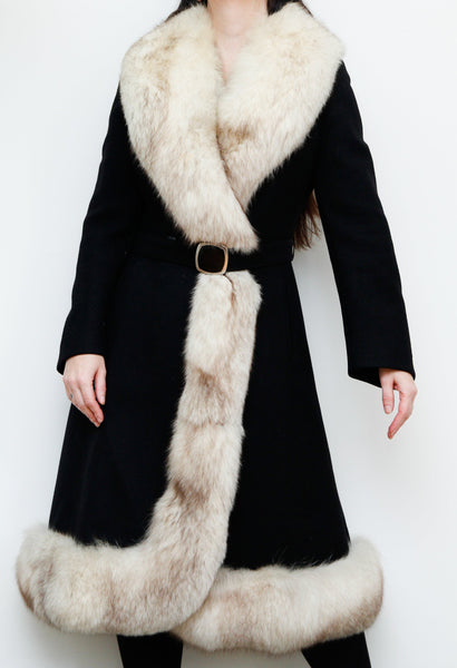 Vintage Black Wool Fox Fur Princess Coat