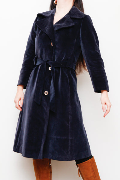 1970's Blue Velvet Belted Trench Coat