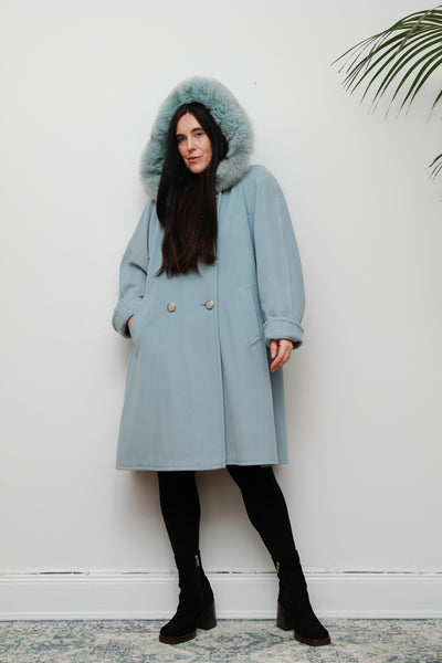 1980's Ice Blue Fox Fur Swing Wool Coat