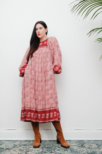 Original Floral Indian Cotton Gauze Smock Dress 1970's