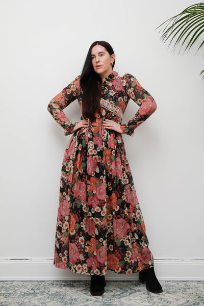 Vintage Floral Cotton Sheer Frilled Maxi Dress