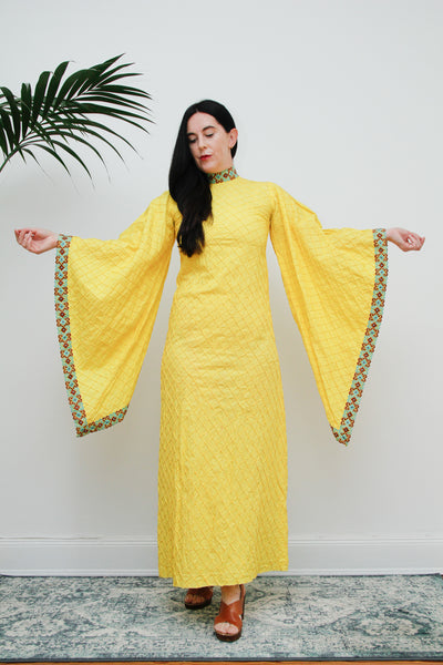 1970's Yellow Cotton Lace Mexican Kaftan Wizard Sleeve Dress