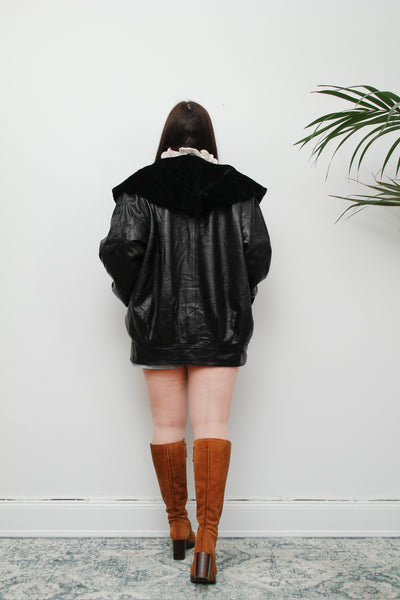 1980's Vintage Black Leather Velvet Hooded Jacket