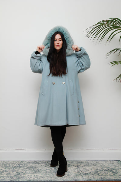 1980's Ice Blue Fox Fur Swing Wool Coat