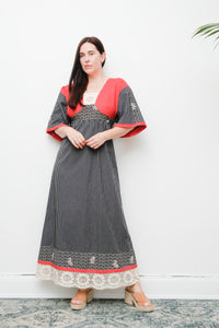 1970s Vintage Boho Kaftan Dress | Patchwork Floral Cotton Maxi with Lace Insets – Ethereal Summer Style