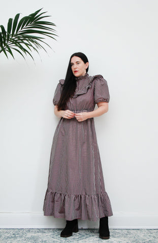 1970's Prairie Gold Metallic Gingham Maxi Dress