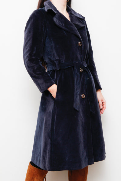 1970's Blue Velvet Belted Trench Coat