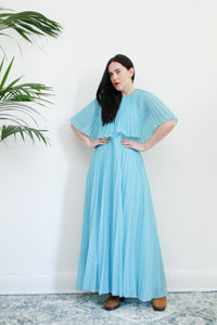 1970's Pleated Accordion Blue Sheer Halter Neck Cape Dress Rare