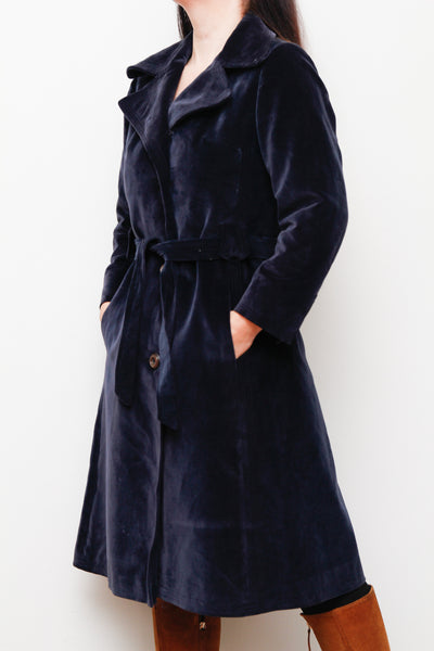 1970's Blue Velvet Belted Trench Coat