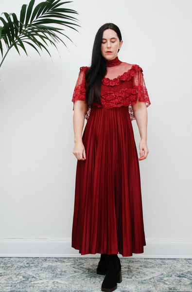 1970's Floral Lace Gothic Victorian Pleated Maxi Dress