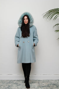 1980's Ice Blue Fox Fur Swing Wool Coat