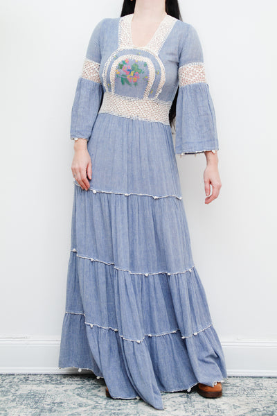 Vintage Cotton Floral Embroidery Blue Maxi Dress