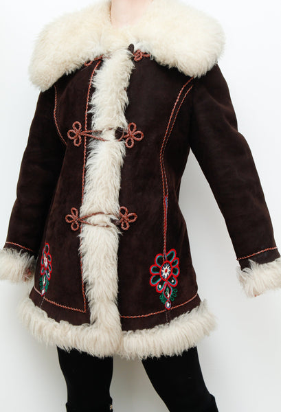 1970's Sheepskin Folklore Embroidered Afghan Sheepskin Coat