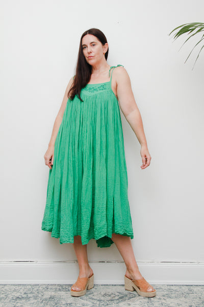 1970s Indian Gauze Cotton Dress – Vintage Green Boho Smock with Adjustable Sun Straps