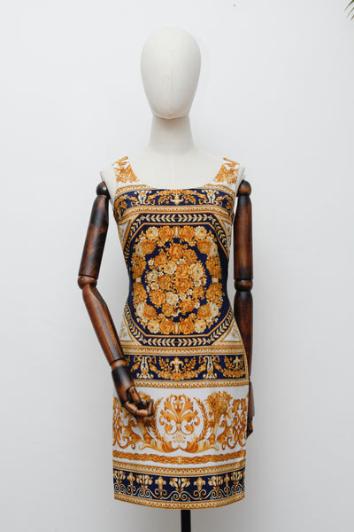 Vintage “Old Money” Gold Baroque Shift Dress – Versace-Inspired, Navy & White, Summer Style
