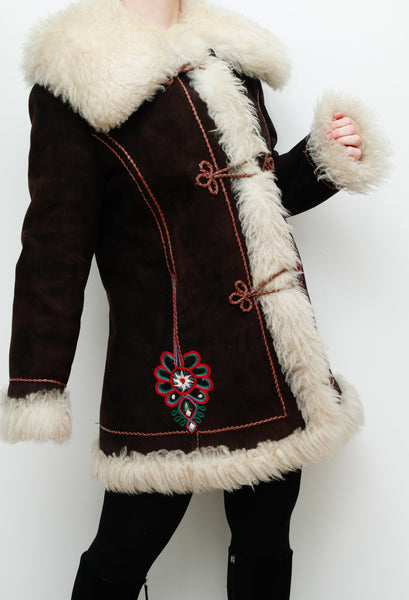 1970's Sheepskin Folklore Embroidered Afghan Sheepskin Coat