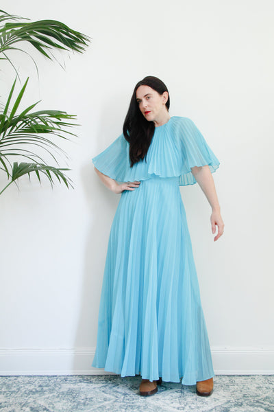 1970's Pleated Accordion Blue Sheer Halter Neck Cape Dress Rare