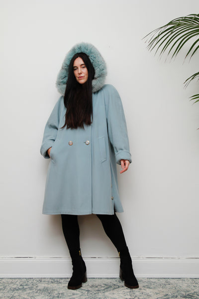 1980's Ice Blue Fox Fur Swing Wool Coat