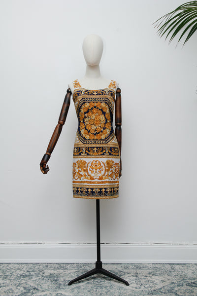 Vintage “Old Money” Gold Baroque Shift Dress – Versace-Inspired, Navy & White, Summer Style