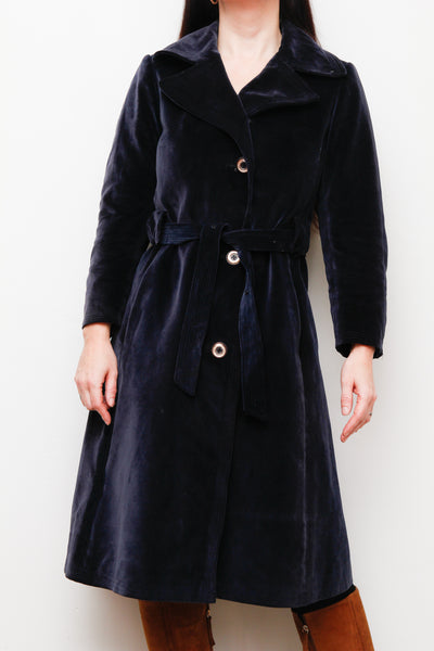 1970's Blue Velvet Belted Trench Coat