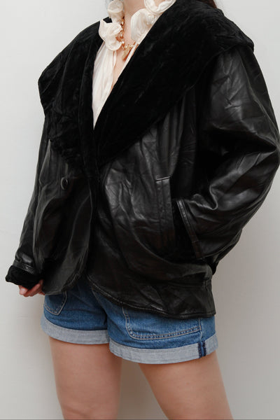 1980's Vintage Black Leather Velvet Hooded Jacket