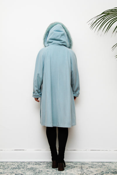 1980's Ice Blue Fox Fur Swing Wool Coat