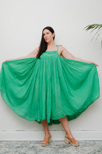 1970s Indian Gauze Cotton Dress – Vintage Green Boho Smock with Adjustable Sun Straps