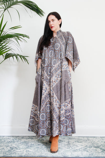1970's Indian Cotton Block Fabric Kaftan Maxi Dress