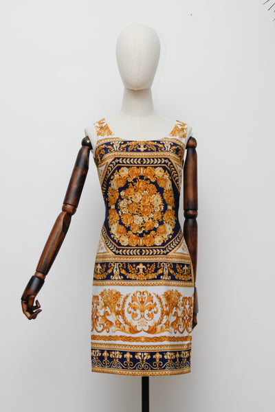 Vintage “Old Money” Gold Baroque Shift Dress – Versace-Inspired, Navy & White, Summer Style