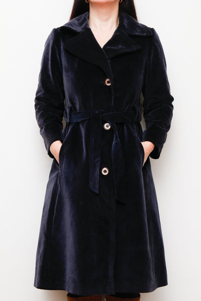 1970's Blue Velvet Belted Trench Coat