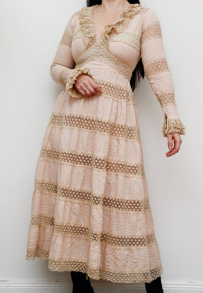 1970's Cotton Lace Mexican Kaftan Dress