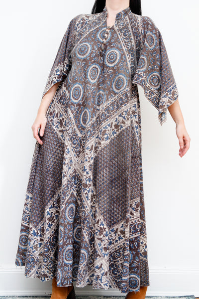 1970's Indian Cotton Block Fabric Kaftan Maxi Dress