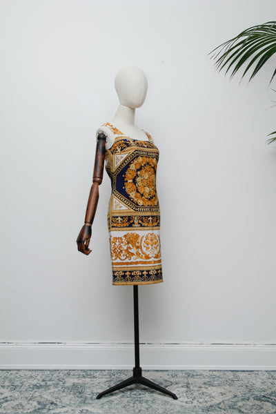 Vintage “Old Money” Gold Baroque Shift Dress – Versace-Inspired, Navy & White, Summer Style