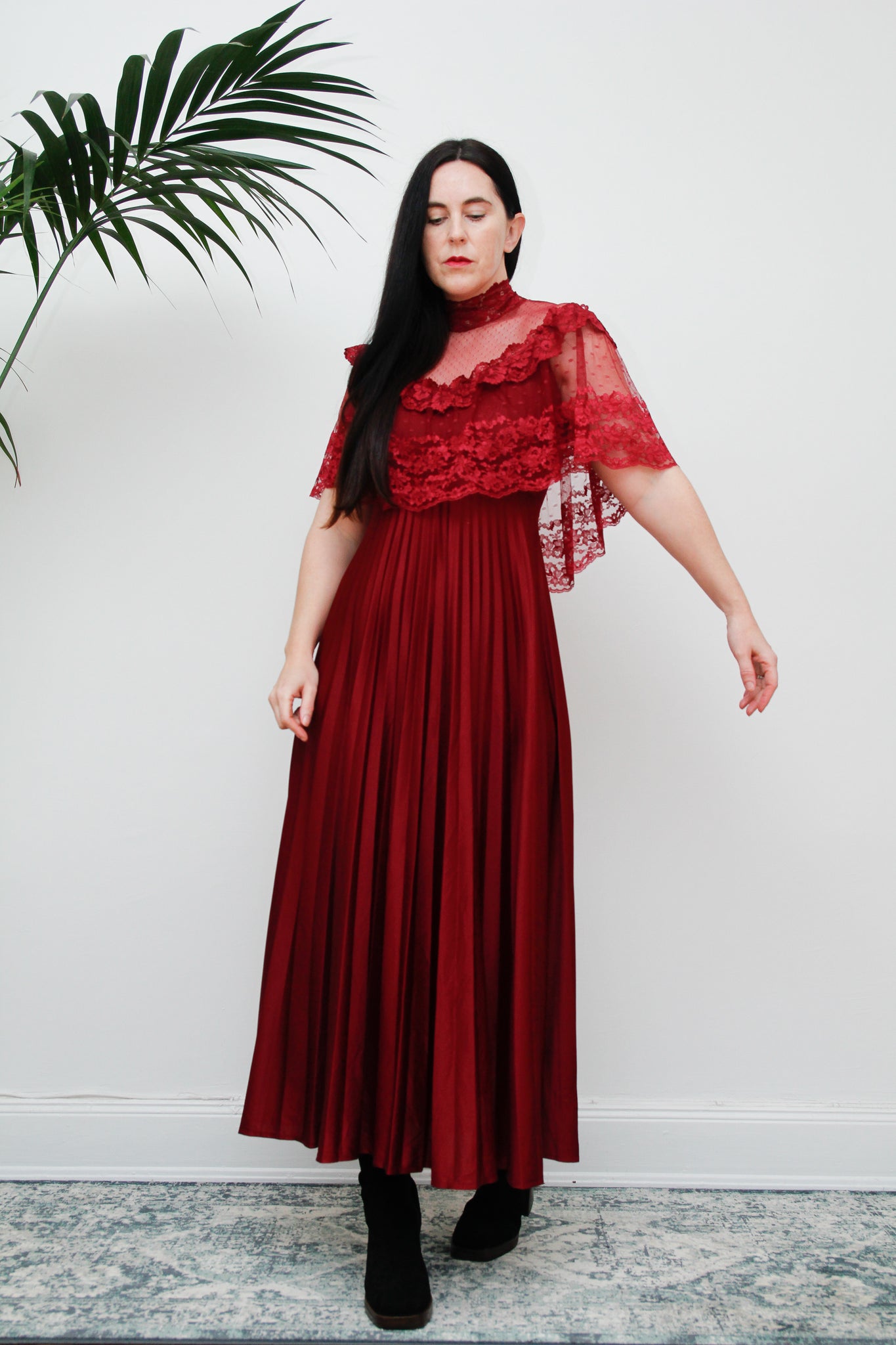 1970's Floral Lace Gothic Victorian Pleated Maxi Dress