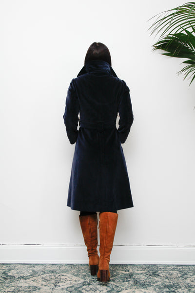 1970's Blue Velvet Belted Trench Coat