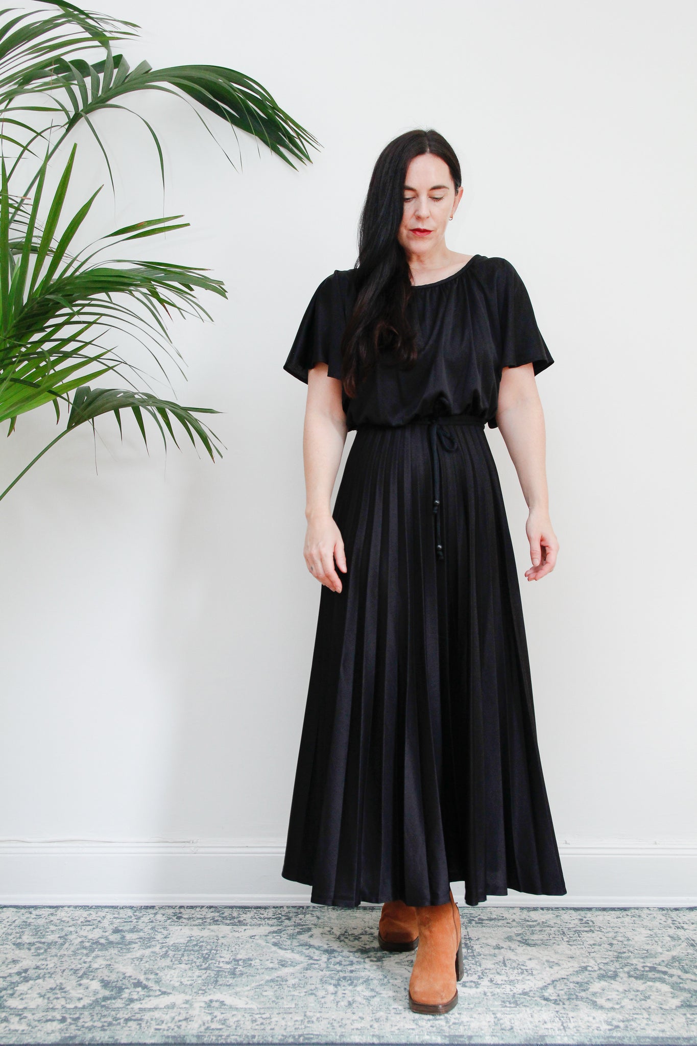 1970's Vintage Grecian Black Pleated Maxi Dress