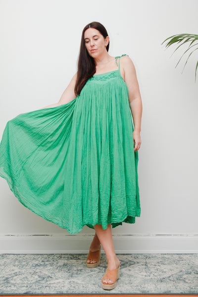 1970s Indian Gauze Cotton Dress – Vintage Green Boho Smock with Adjustable Sun Straps