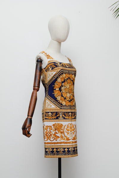 Vintage “Old Money” Gold Baroque Shift Dress – Versace-Inspired, Navy & White, Summer Style
