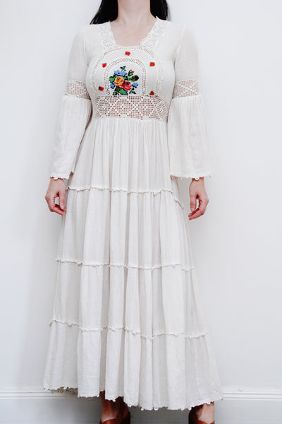 Traditional 1970's Cotton Lace Flute Sleeve Floral Dress