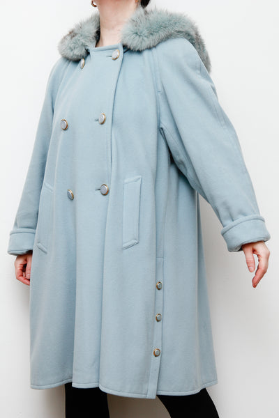 1980's Ice Blue Fox Fur Swing Wool Coat