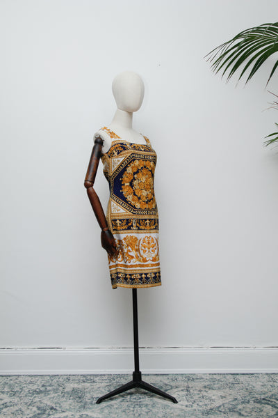 Vintage “Old Money” Gold Baroque Shift Dress – Versace-Inspired, Navy & White, Summer Style