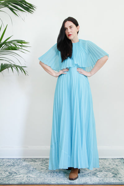 1970's Pleated Accordion Blue Sheer Halter Neck Cape Dress Rare