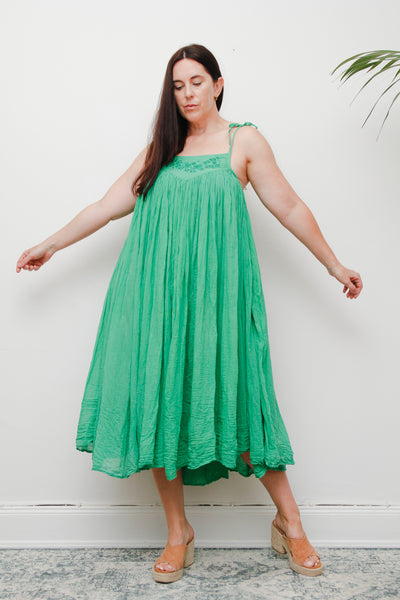 1970s Indian Gauze Cotton Dress – Vintage Green Boho Smock with Adjustable Sun Straps