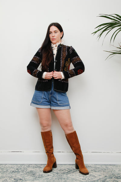 60's 70's Vintage Floral Velvet Black Blazer Jacket