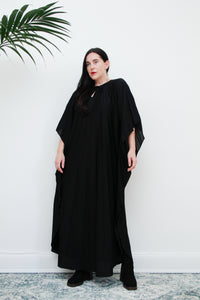 1970's Pleated Accordion Black Kaftan Dress Rare