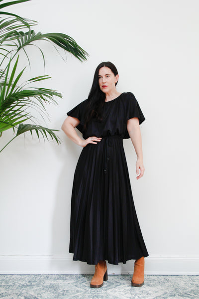 1970's Vintage Grecian Black Pleated Maxi Dress